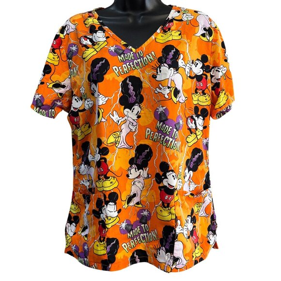 Disney Mickey Minnie Mouse Halloween Scrub Top S Cotton Orange V-Neck - Picture 1 of 11